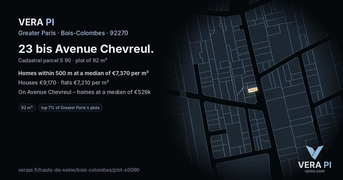 23 bis Avenue Chevreul, Bois-Colombes at night – the plot lit, the parcels around coloured by the prices near them