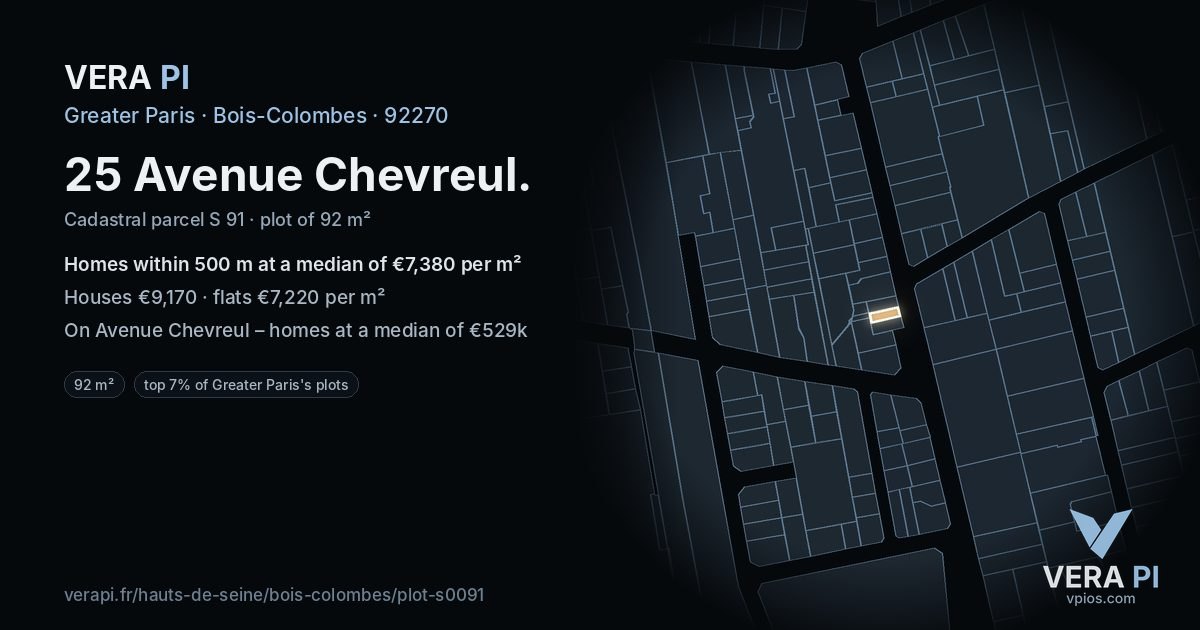 25 Avenue Chevreul, Bois-Colombes at night – the plot lit, the parcels around coloured by the prices near them