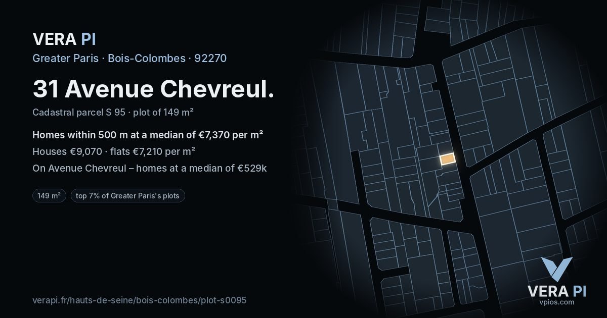 31 Avenue Chevreul, Bois-Colombes at night – the plot lit, the parcels around coloured by the prices near them