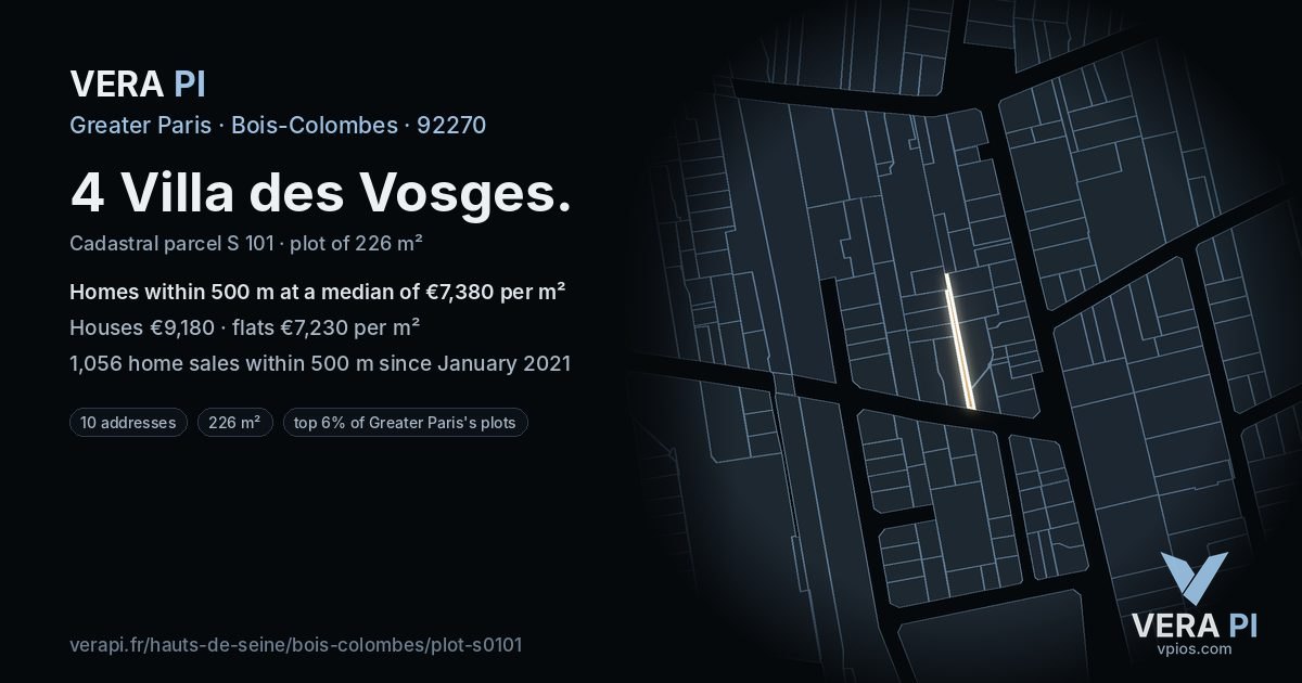 4 Villa des Vosges, Bois-Colombes at night – the plot lit, the parcels around coloured by the prices near them