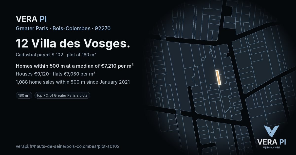 12 Villa des Vosges, Bois-Colombes at night – the plot lit, the parcels around coloured by the prices near them