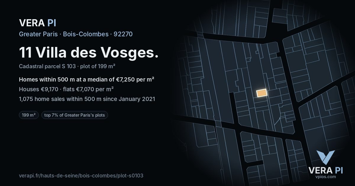 11 Villa des Vosges, Bois-Colombes at night – the plot lit, the parcels around coloured by the prices near them