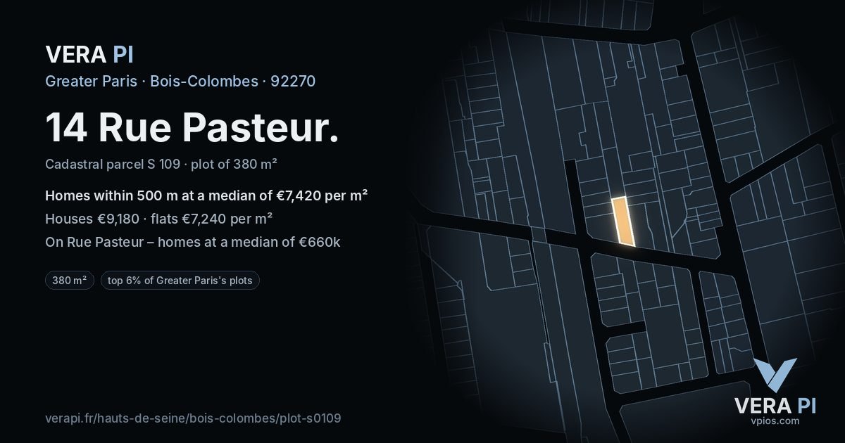 14 Rue Pasteur, Bois-Colombes at night – the plot lit, the parcels around coloured by the prices near them