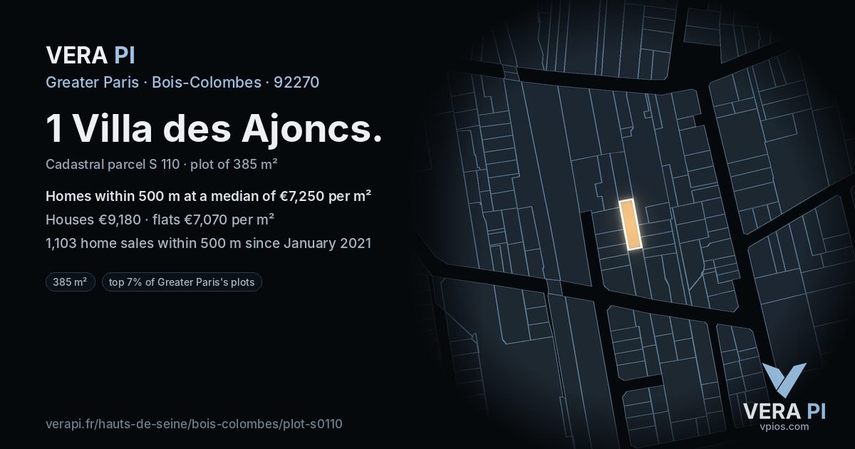 1 Villa des Ajoncs, Bois-Colombes at night – the plot lit, the parcels around coloured by the prices near them