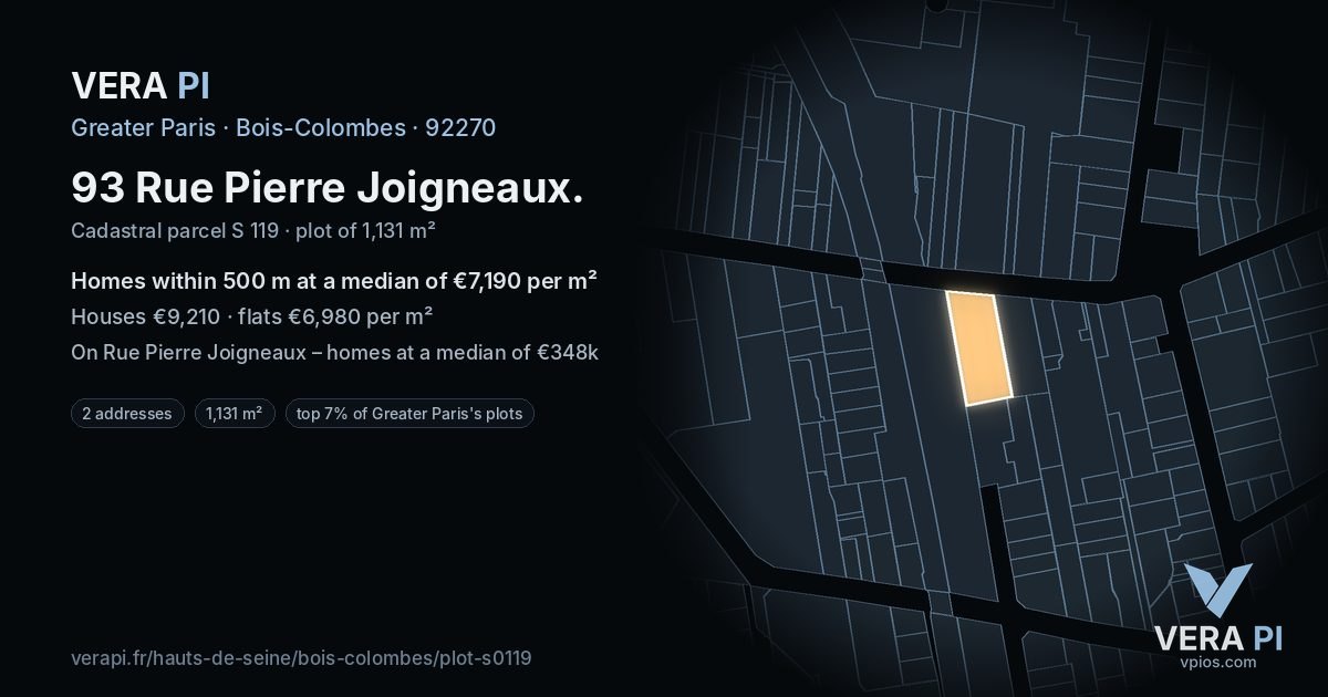 93 Rue Pierre Joigneaux, Bois-Colombes at night – the plot lit, the parcels around coloured by the prices near them