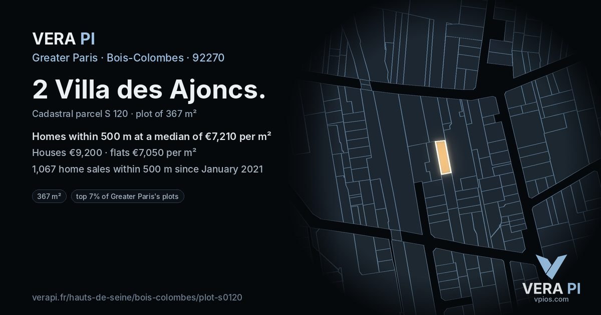 2 Villa des Ajoncs, Bois-Colombes at night – the plot lit, the parcels around coloured by the prices near them