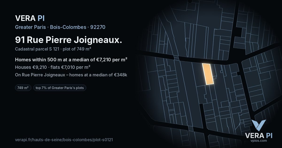 91 Rue Pierre Joigneaux, Bois-Colombes at night – the plot lit, the parcels around coloured by the prices near them