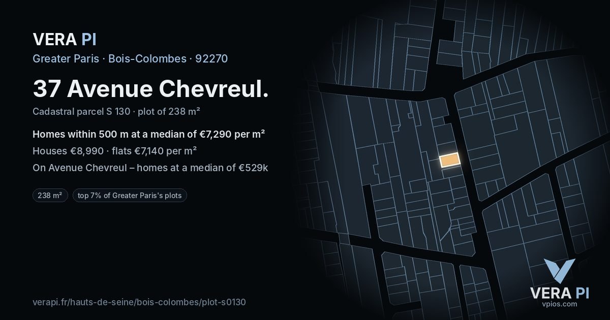 37 Avenue Chevreul, Bois-Colombes at night – the plot lit, the parcels around coloured by the prices near them