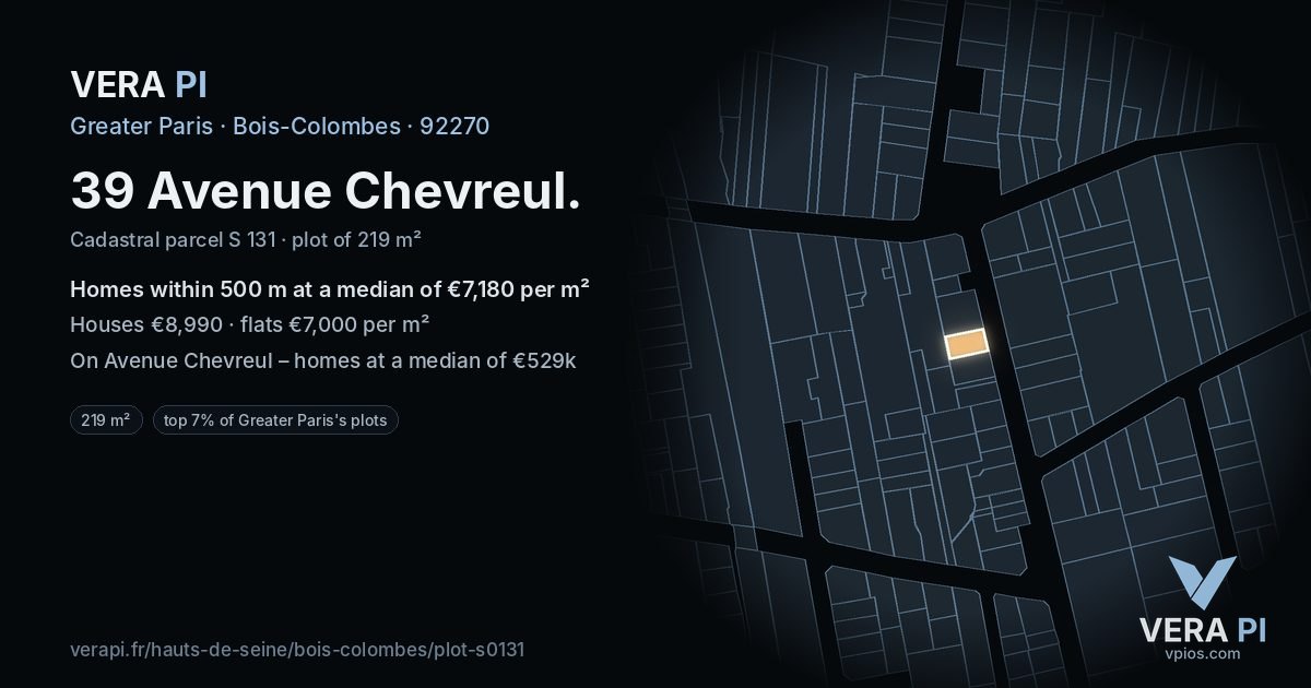 39 Avenue Chevreul, Bois-Colombes at night – the plot lit, the parcels around coloured by the prices near them