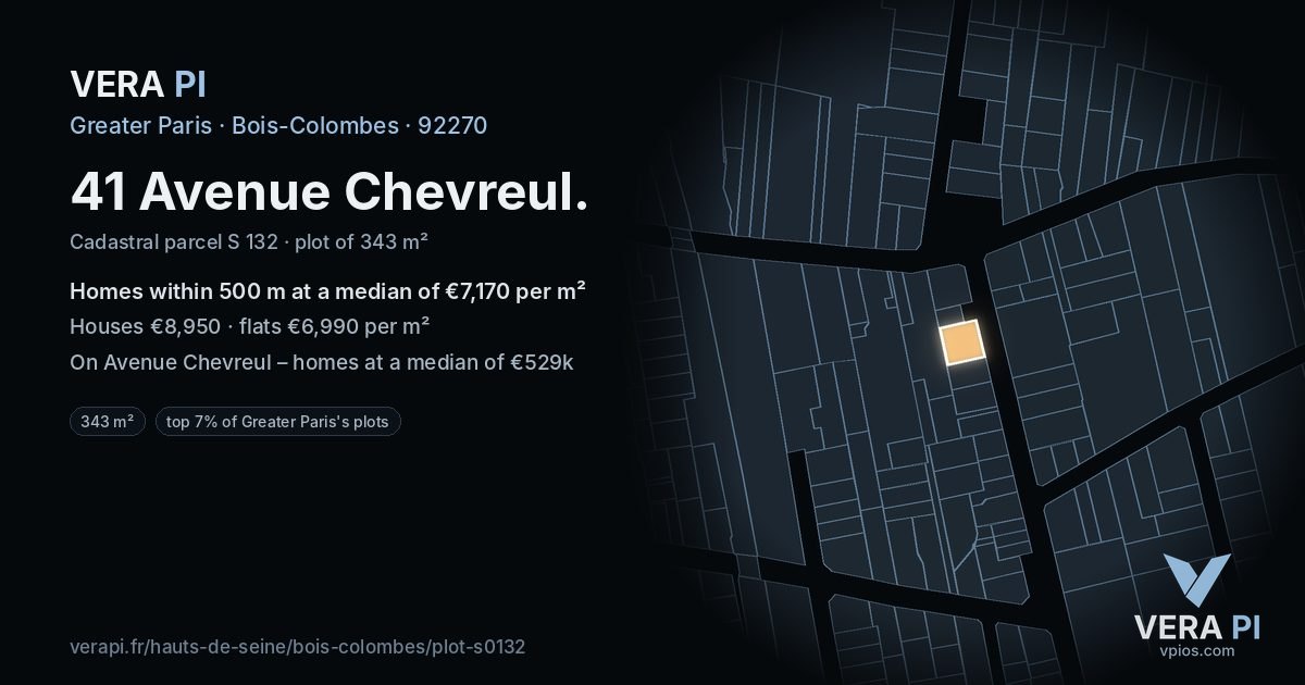 41 Avenue Chevreul, Bois-Colombes at night – the plot lit, the parcels around coloured by the prices near them
