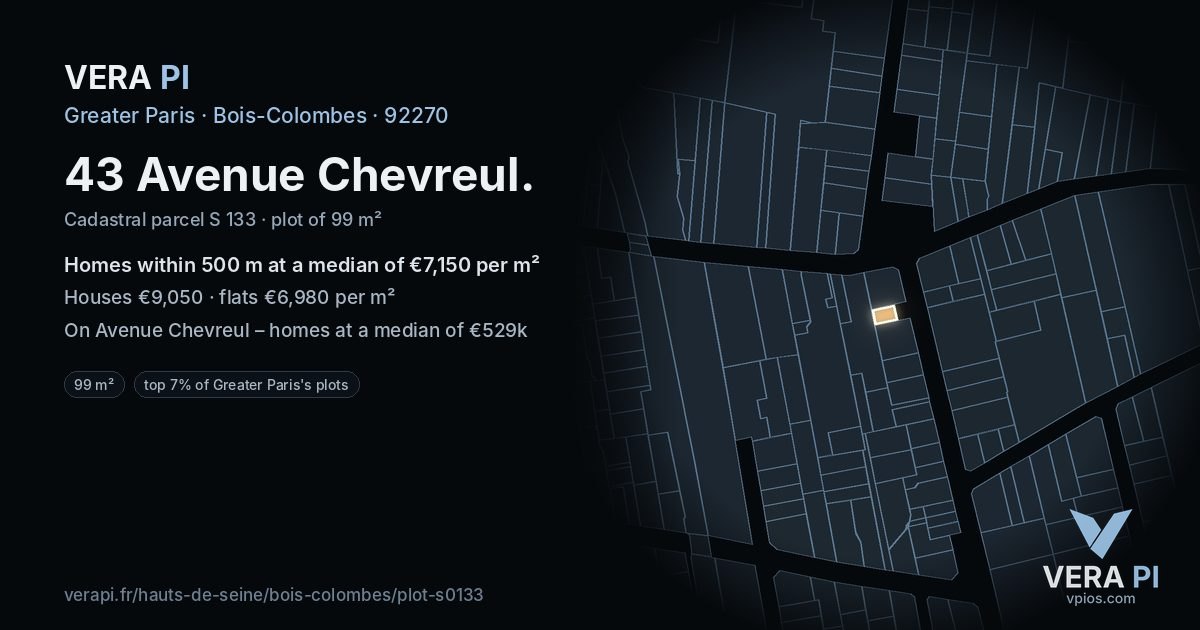 43 Avenue Chevreul, Bois-Colombes at night – the plot lit, the parcels around coloured by the prices near them