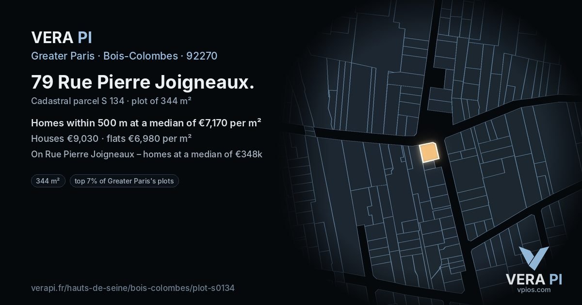 79 Rue Pierre Joigneaux, Bois-Colombes at night – the plot lit, the parcels around coloured by the prices near them