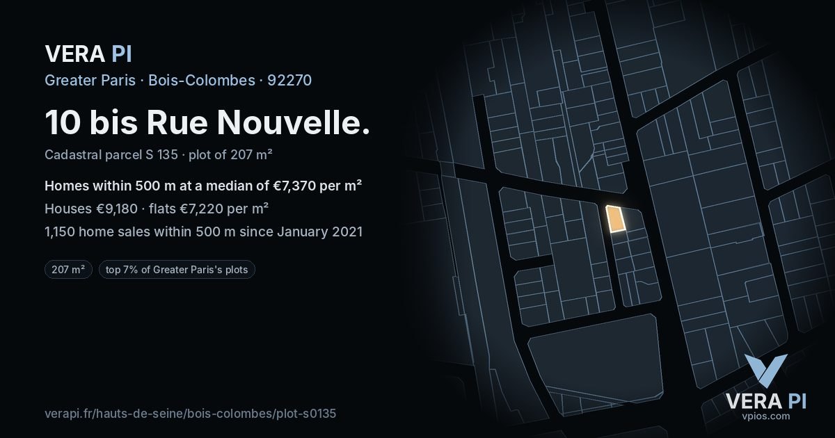 10 bis Rue Nouvelle, Bois-Colombes at night – the plot lit, the parcels around coloured by the prices near them