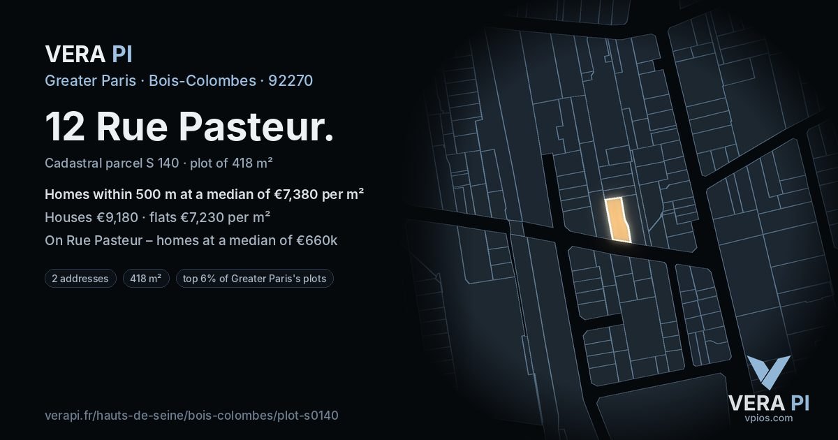 12 Rue Pasteur, Bois-Colombes at night – the plot lit, the parcels around coloured by the prices near them