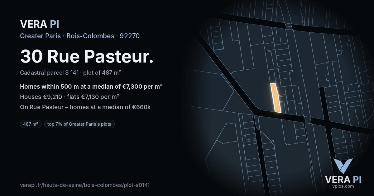 30 Rue Pasteur, Bois-Colombes at night – the plot lit, the parcels around coloured by the prices near them