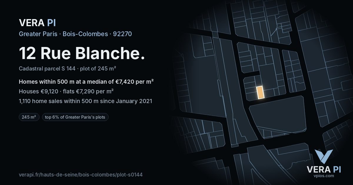 12 Rue Blanche, Bois-Colombes at night – the plot lit, the parcels around coloured by the prices near them