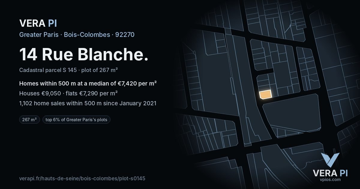 14 Rue Blanche, Bois-Colombes at night – the plot lit, the parcels around coloured by the prices near them