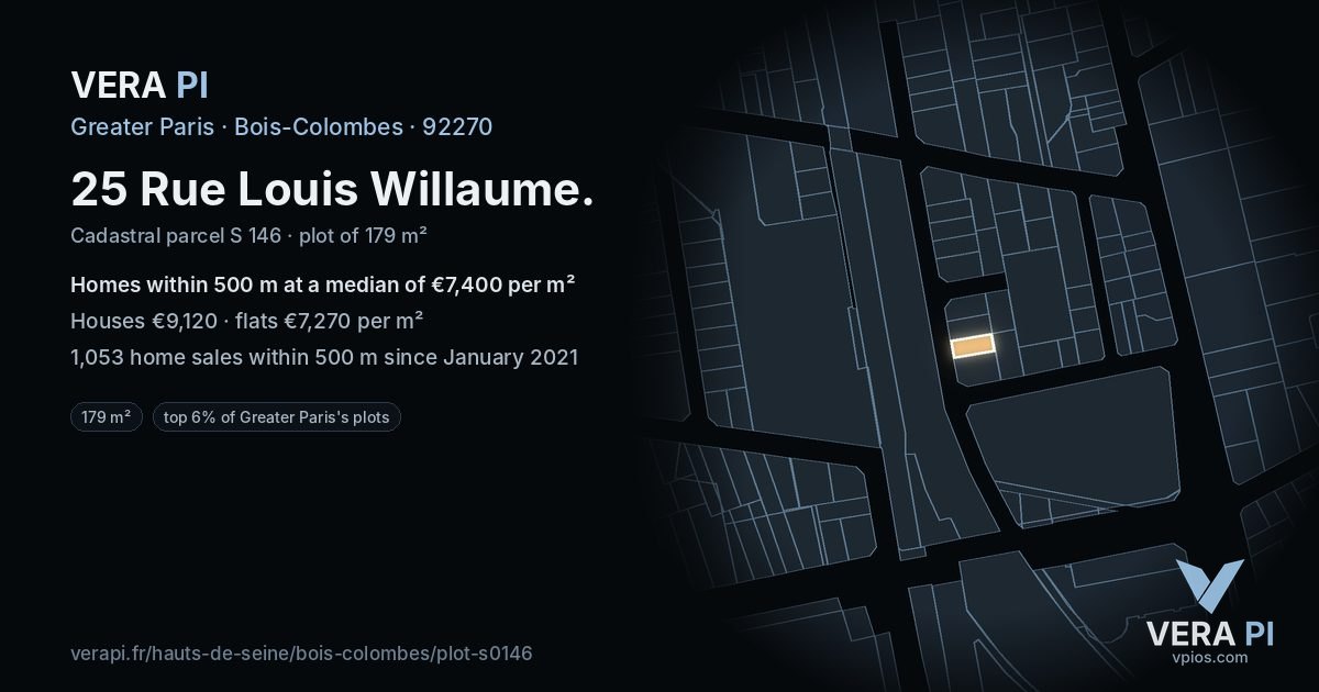 25 Rue Louis Willaume, Bois-Colombes at night – the plot lit, the parcels around coloured by the prices near them