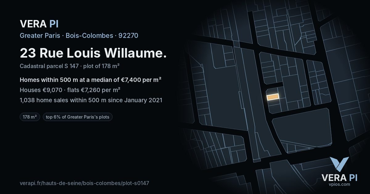 23 Rue Louis Willaume, Bois-Colombes at night – the plot lit, the parcels around coloured by the prices near them