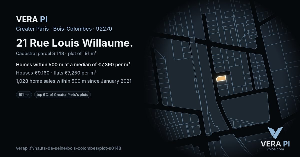 21 Rue Louis Willaume, Bois-Colombes at night – the plot lit, the parcels around coloured by the prices near them