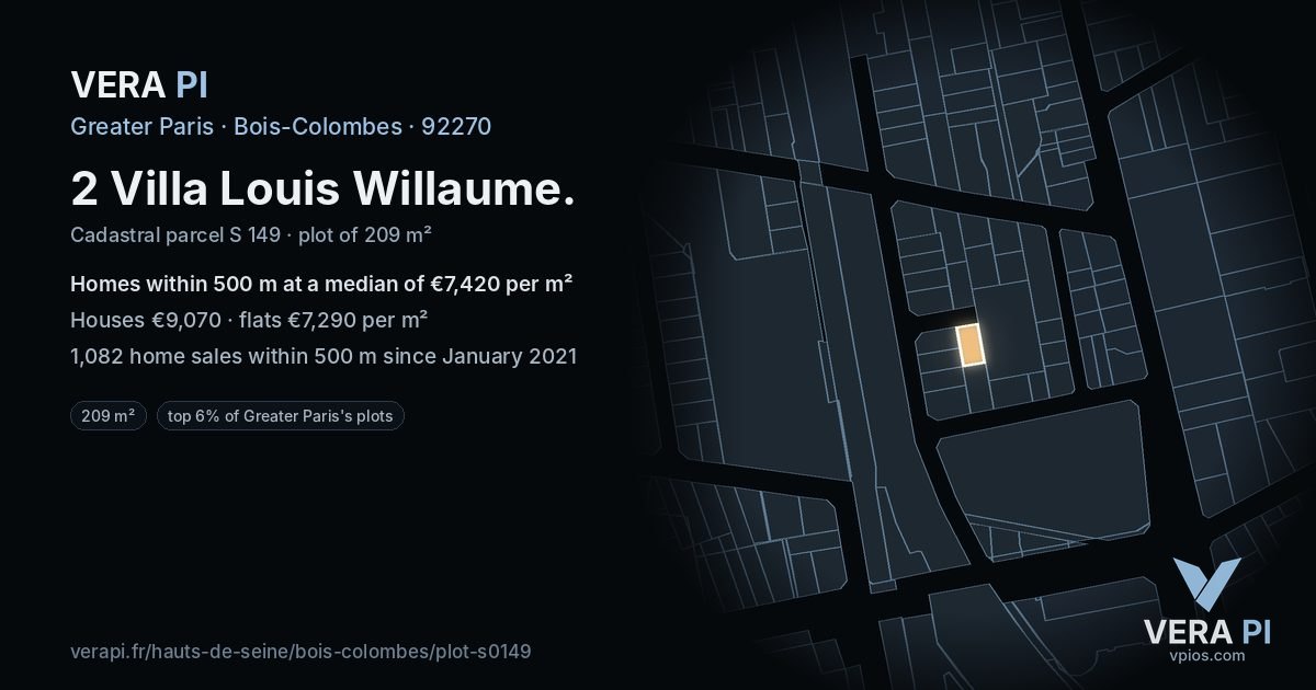 2 Villa Louis Willaume, Bois-Colombes at night – the plot lit, the parcels around coloured by the prices near them