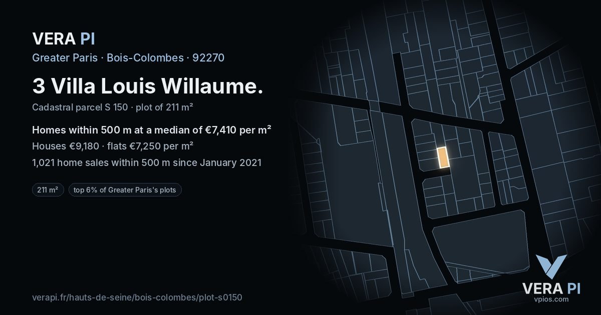 3 Villa Louis Willaume, Bois-Colombes at night – the plot lit, the parcels around coloured by the prices near them