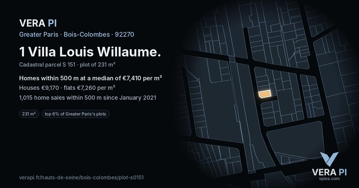 1 Villa Louis Willaume, Bois-Colombes at night – the plot lit, the parcels around coloured by the prices near them