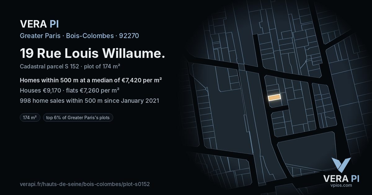 19 Rue Louis Willaume, Bois-Colombes at night – the plot lit, the parcels around coloured by the prices near them