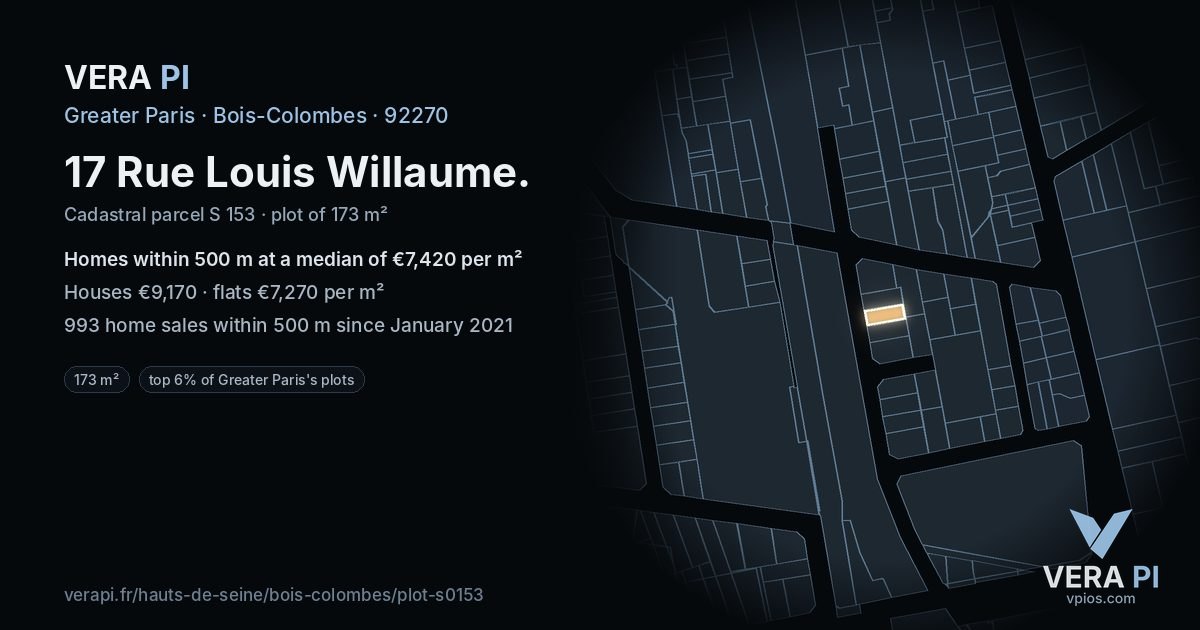 17 Rue Louis Willaume, Bois-Colombes at night – the plot lit, the parcels around coloured by the prices near them