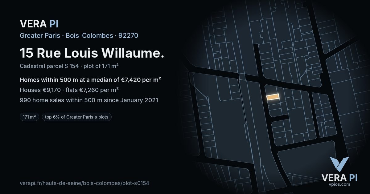 15 Rue Louis Willaume, Bois-Colombes at night – the plot lit, the parcels around coloured by the prices near them