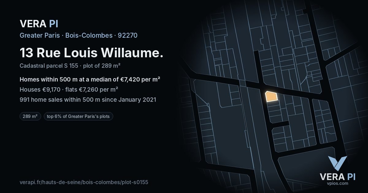 13 Rue Louis Willaume, Bois-Colombes at night – the plot lit, the parcels around coloured by the prices near them