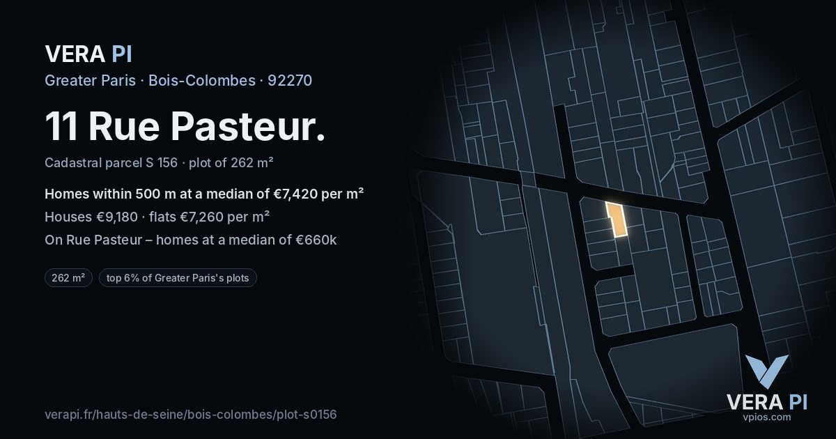 11 Rue Pasteur, Bois-Colombes at night – the plot lit, the parcels around coloured by the prices near them