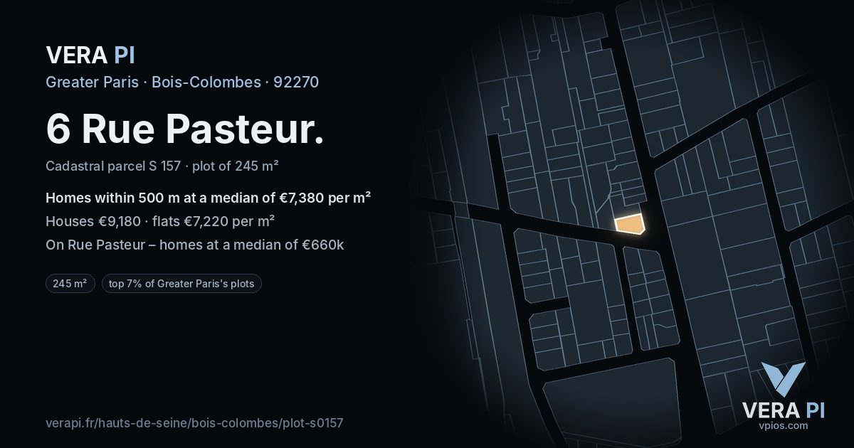 6 Rue Pasteur, Bois-Colombes at night – the plot lit, the parcels around coloured by the prices near them