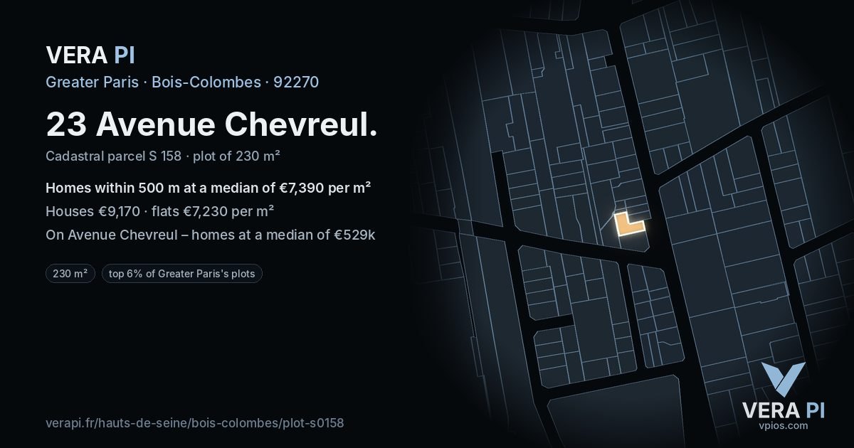 23 Avenue Chevreul, Bois-Colombes at night – the plot lit, the parcels around coloured by the prices near them