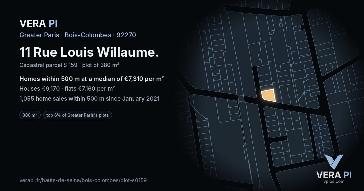 11 Rue Louis Willaume, Bois-Colombes at night – the plot lit, the parcels around coloured by the prices near them