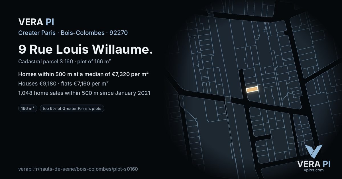 9 Rue Louis Willaume, Bois-Colombes at night – the plot lit, the parcels around coloured by the prices near them
