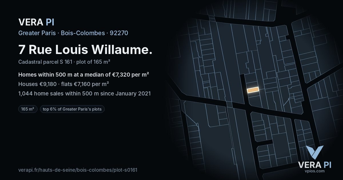 7 Rue Louis Willaume, Bois-Colombes at night – the plot lit, the parcels around coloured by the prices near them