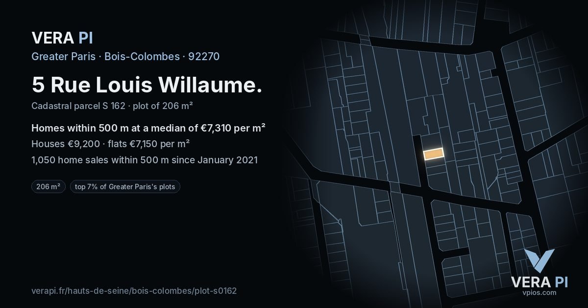 5 Rue Louis Willaume, Bois-Colombes at night – the plot lit, the parcels around coloured by the prices near them