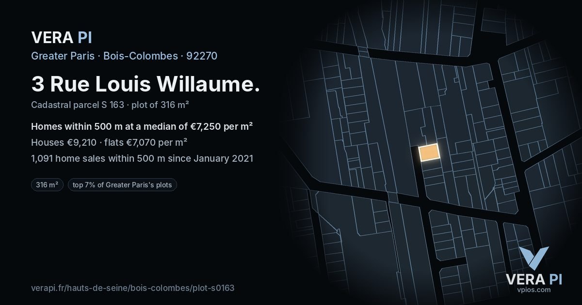 3 Rue Louis Willaume, Bois-Colombes at night – the plot lit, the parcels around coloured by the prices near them
