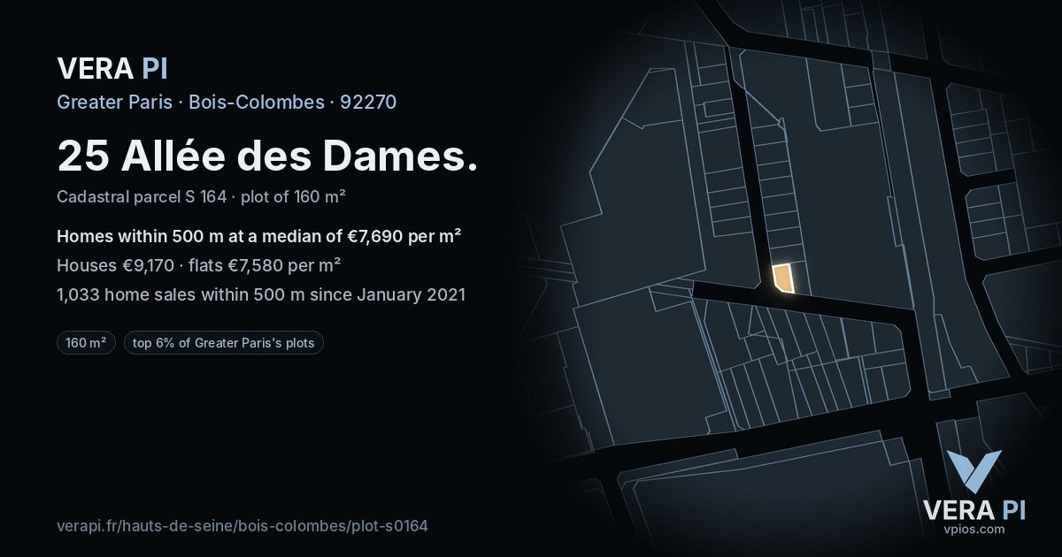 25 Allée des Dames, Bois-Colombes at night – the plot lit, the parcels around coloured by the prices near them