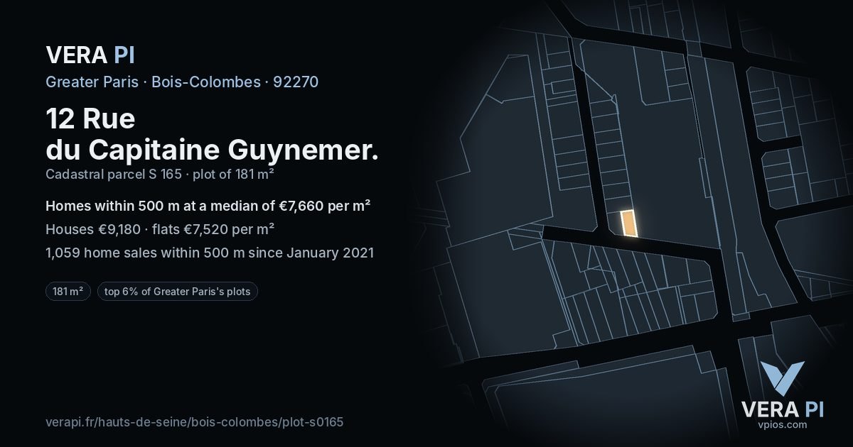 12 Rue du Capitaine Guynemer, Bois-Colombes at night – the plot lit, the parcels around coloured by the prices near them