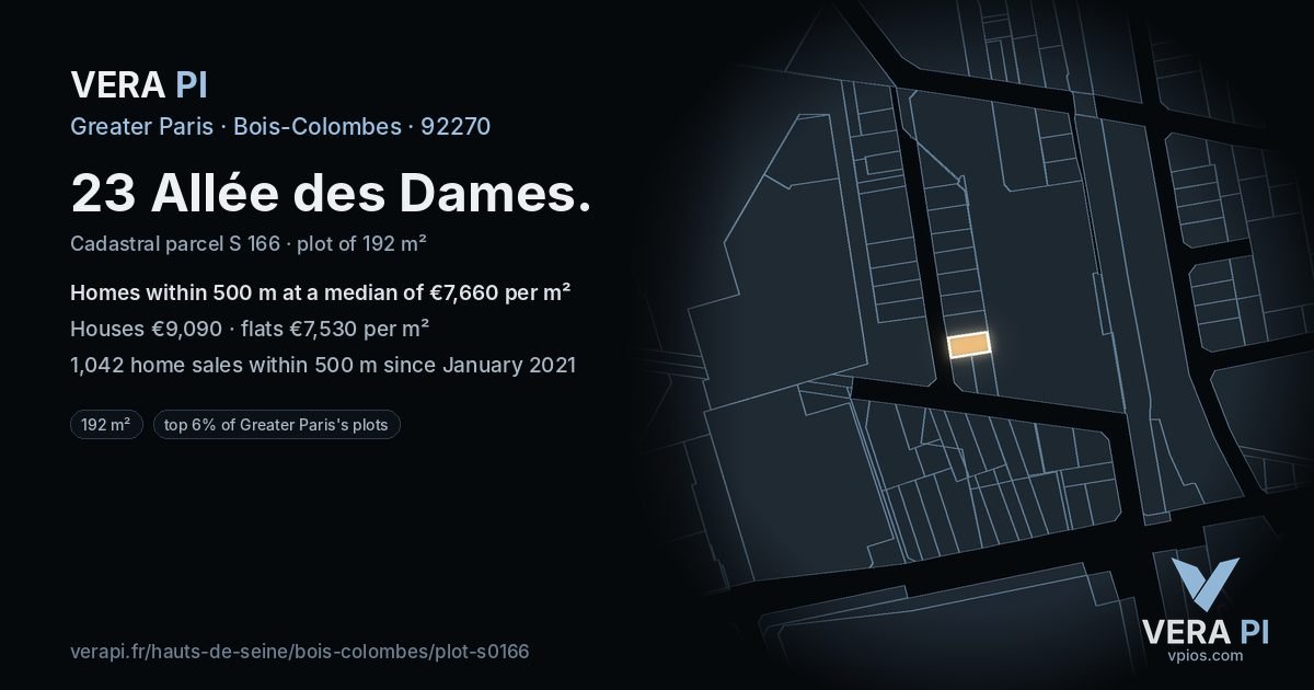 23 Allée des Dames, Bois-Colombes at night – the plot lit, the parcels around coloured by the prices near them