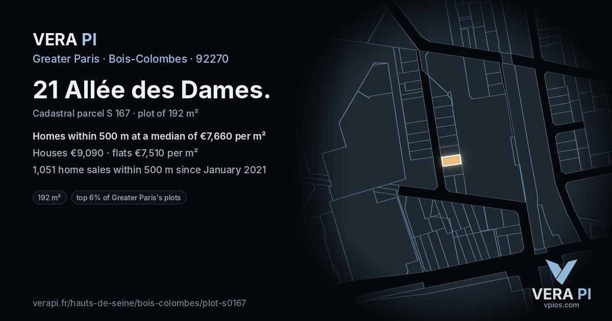 21 Allée des Dames, Bois-Colombes at night – the plot lit, the parcels around coloured by the prices near them