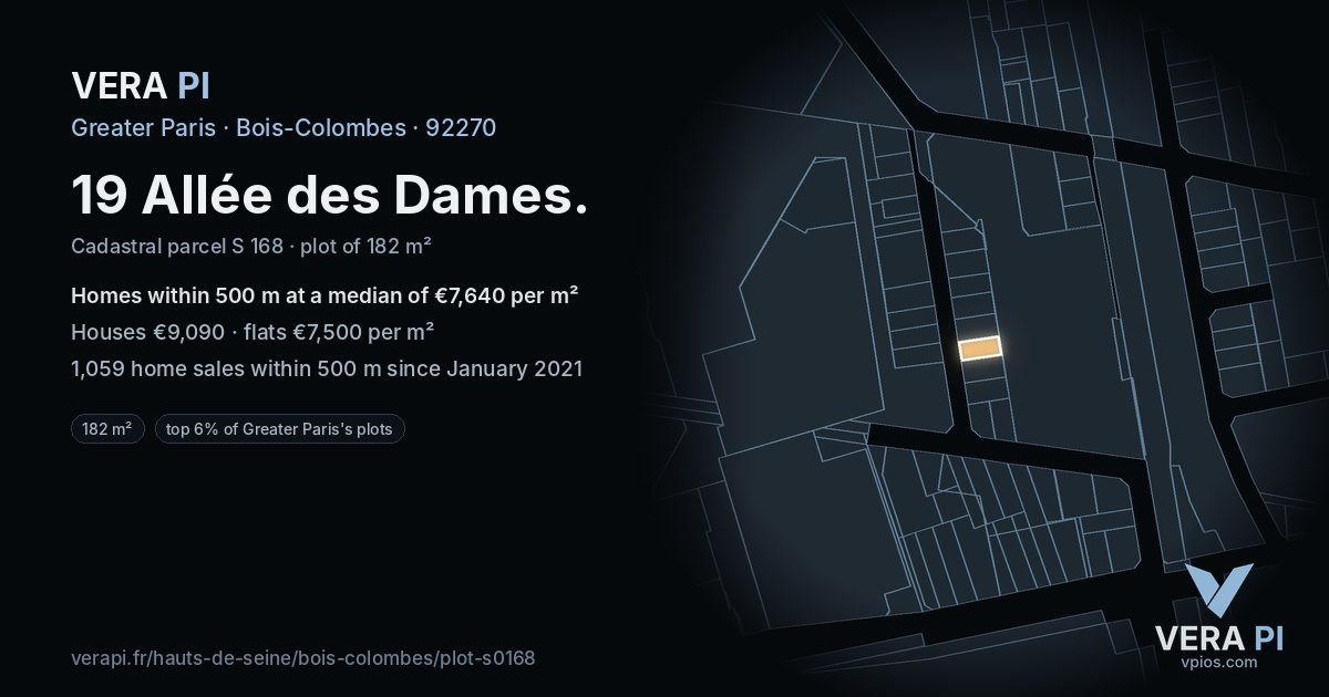 19 Allée des Dames, Bois-Colombes at night – the plot lit, the parcels around coloured by the prices near them