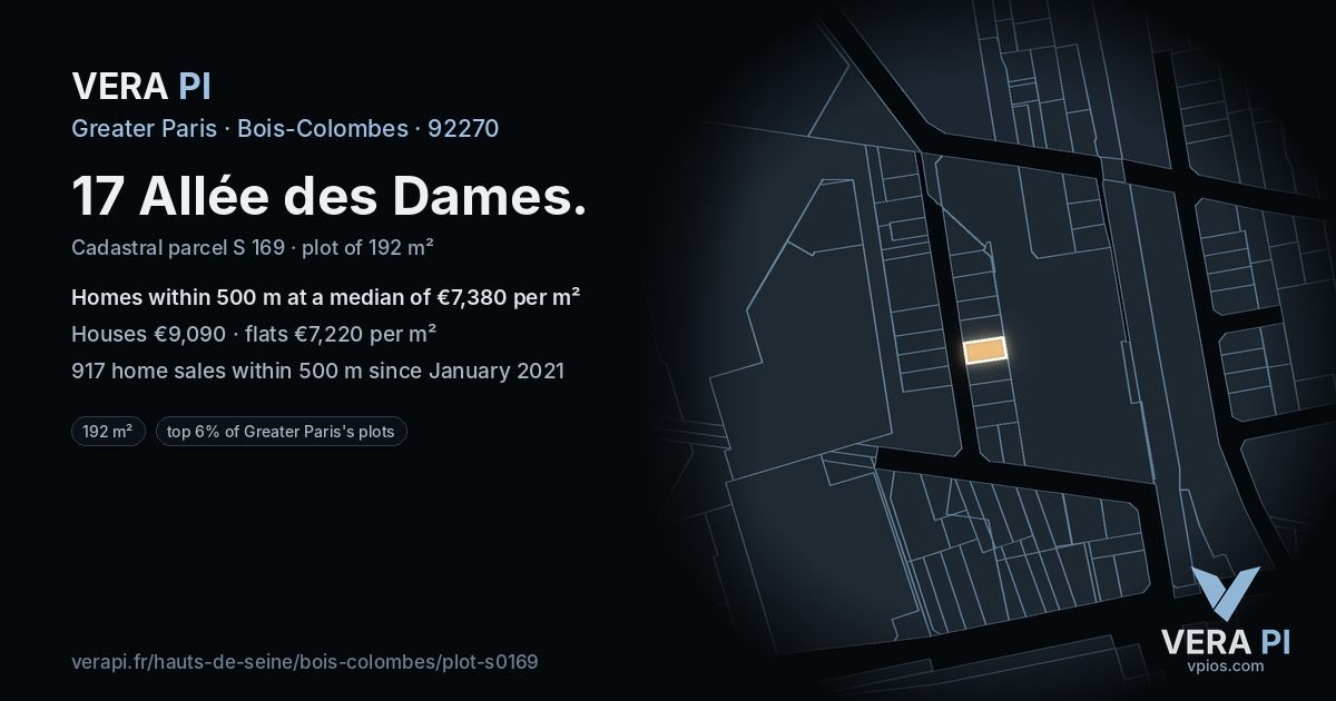 17 Allée des Dames, Bois-Colombes at night – the plot lit, the parcels around coloured by the prices near them