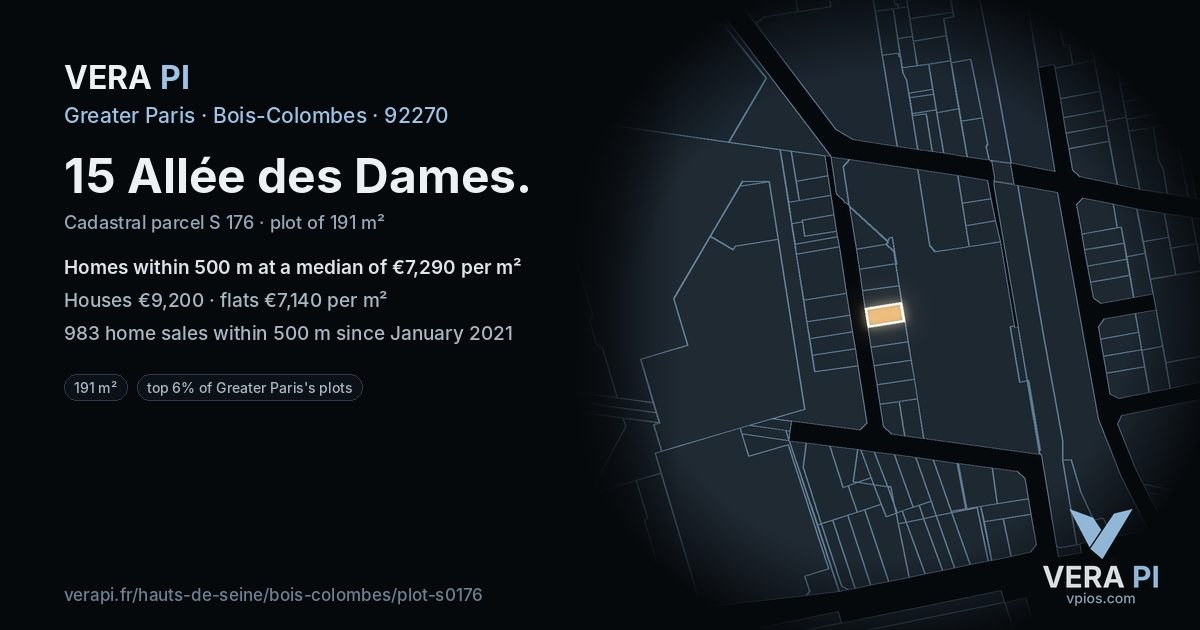 15 Allée des Dames, Bois-Colombes at night – the plot lit, the parcels around coloured by the prices near them