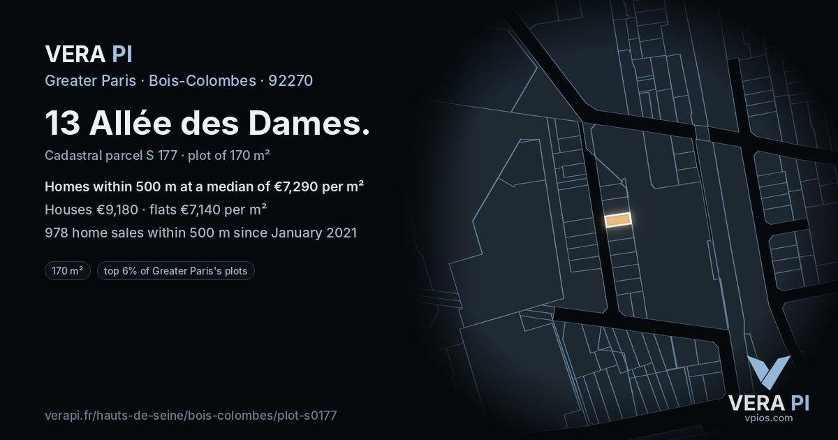 13 Allée des Dames, Bois-Colombes at night – the plot lit, the parcels around coloured by the prices near them