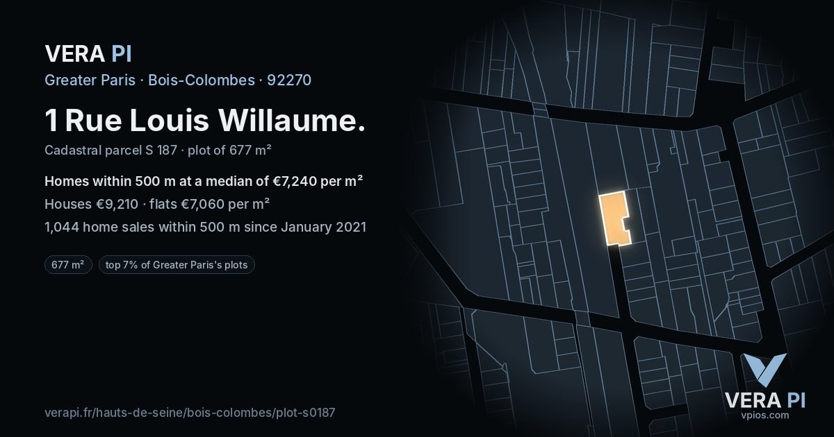 1 Rue Louis Willaume, Bois-Colombes at night – the plot lit, the parcels around coloured by the prices near them