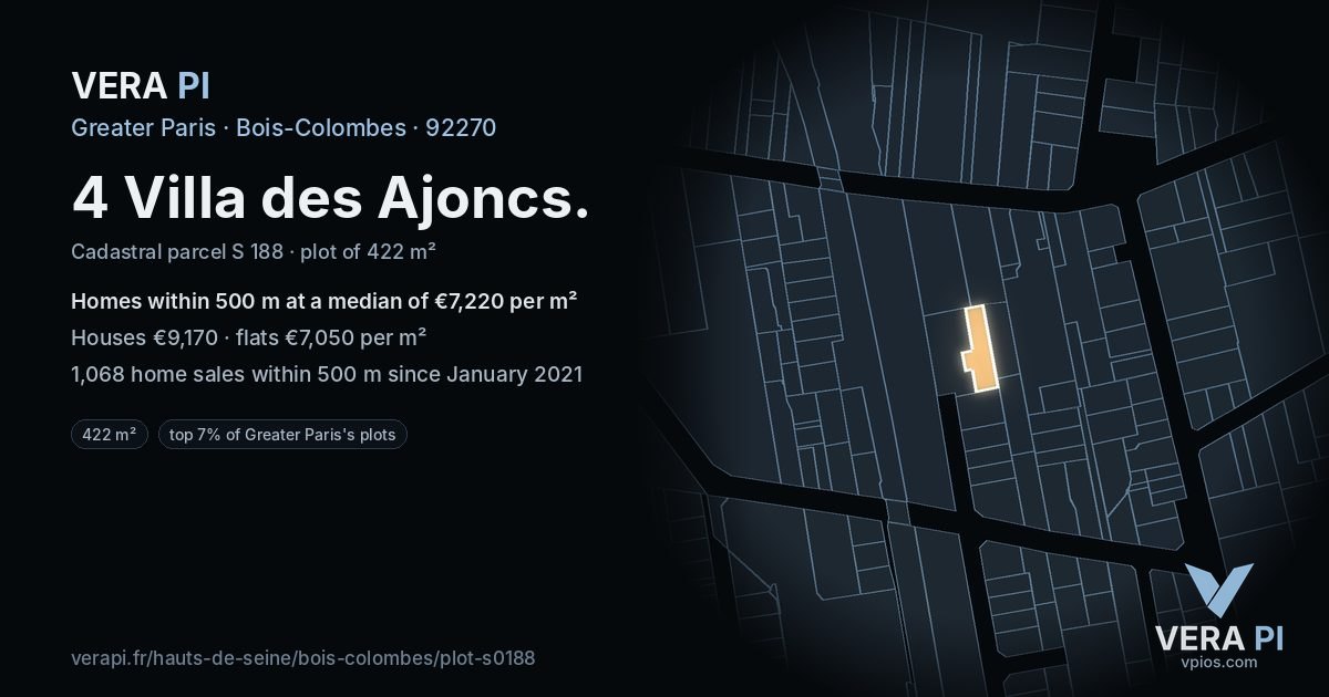 4 Villa des Ajoncs, Bois-Colombes at night – the plot lit, the parcels around coloured by the prices near them