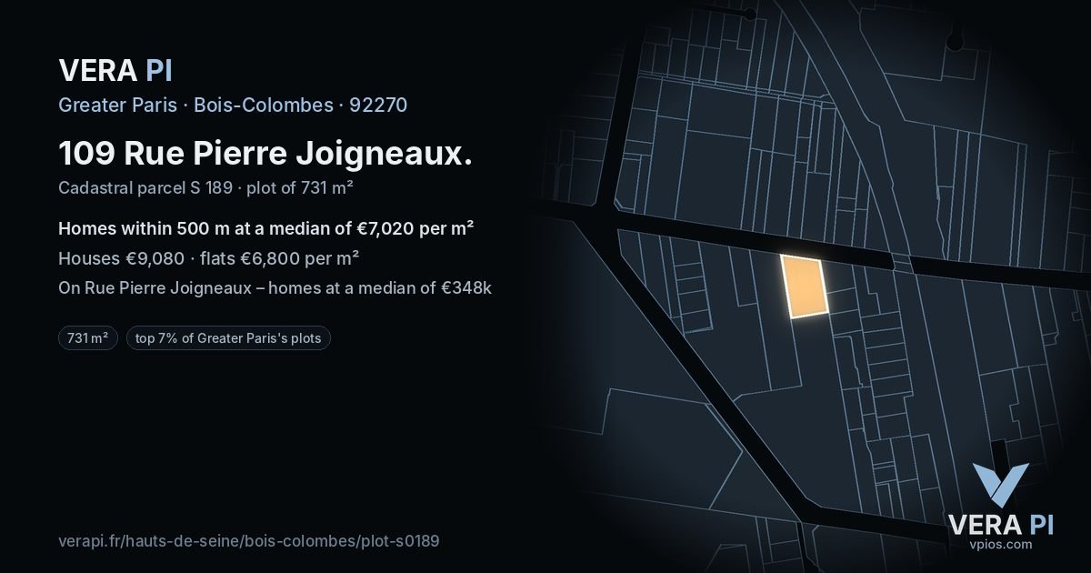109 Rue Pierre Joigneaux, Bois-Colombes at night – the plot lit, the parcels around coloured by the prices near them